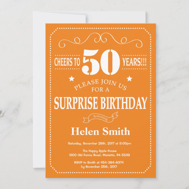 Surprise 50th Birthday Invitation Orange and White (Front)