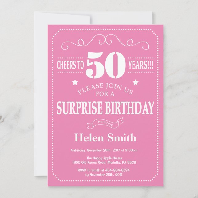 Surprise 50th Birthday Invitation Pink and White (Front)