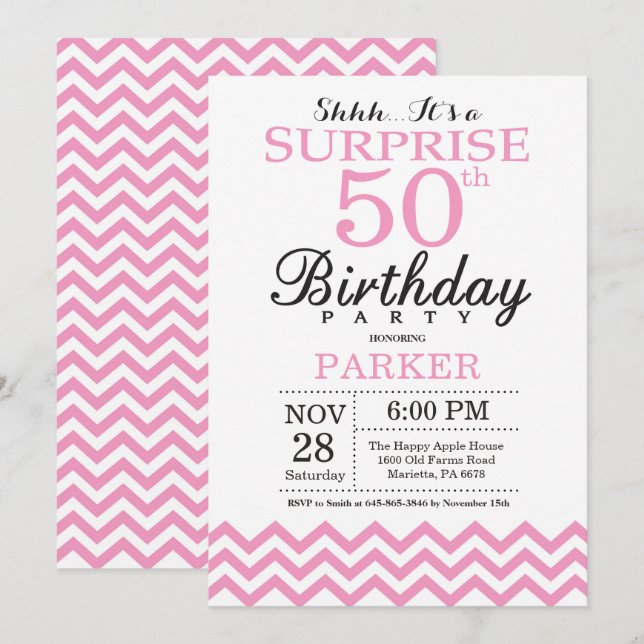 Surprise 50th Birthday Invitation Pink Chevron (Front/Back)