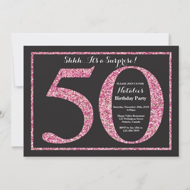 Surprise 50th Birthday Invitation Pink Glitter (Front)