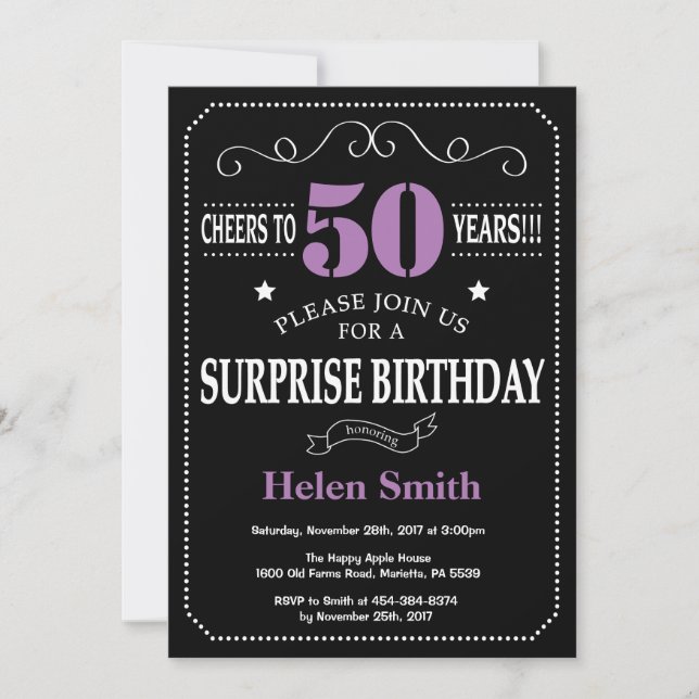 Surprise 50th Birthday Invitation Purple and Black (Front)