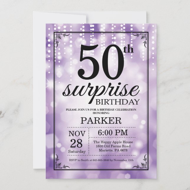 Surprise 50th Birthday Invitation Purple Glitter (Front)