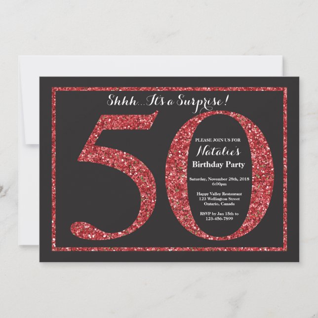 Surprise 50th Birthday Invitation Red Glitter (Front)
