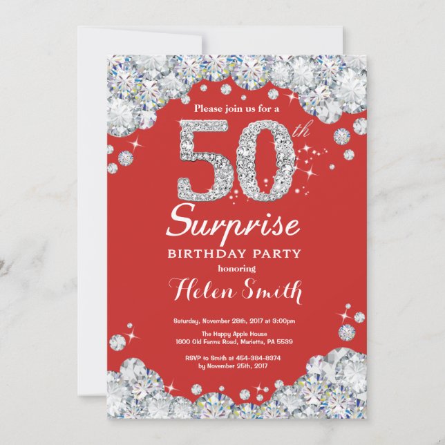Surprise 50th Birthday Invitation Silver Diamond (Front)