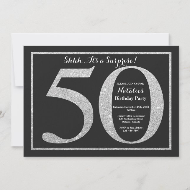 Surprise 50th Birthday Invitation Silver Glitter (Front)