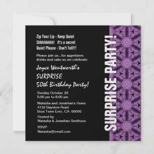 SURPRISE 50th Birthday Modern Black Purple White Invitation