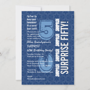 SURPRISE 50th Birthday Modern Blue and White F646 Invitation