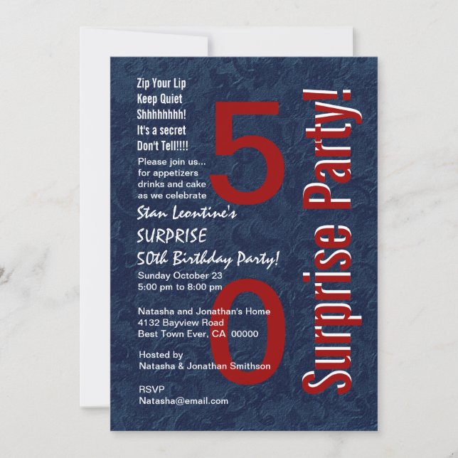 SURPRISE 50th Birthday Modern Blue Red S691 Invitation (Front)
