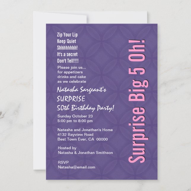 SURPRISE 50th Birthday Modern Purple Pink G351 Invitation (Front)