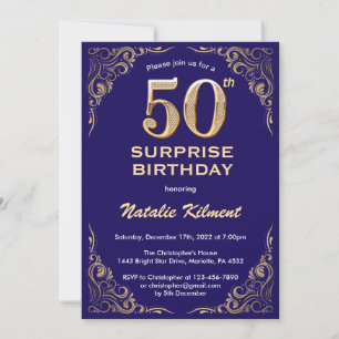 Surprise 50th Birthday Navy Blue and Gold Glitter Invitation