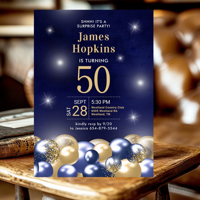 Surprise 50th Birthday Navy Blue Gold Balloons Invitation (Creator Uploaded)