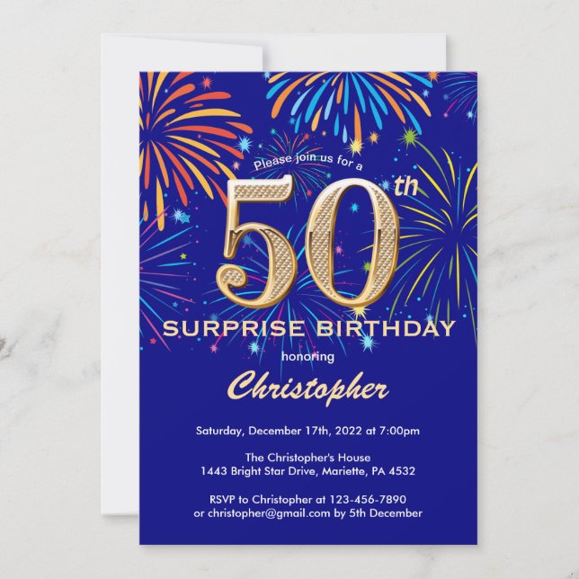 Surprise 50th Birthday Navy Blue & Gold Firework Invitation (Front)