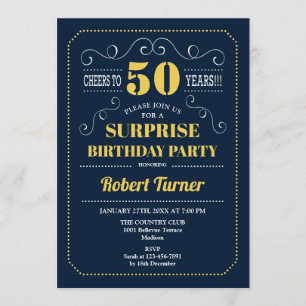 Surprise 50th Birthday - Navy Blue Gold Invitation