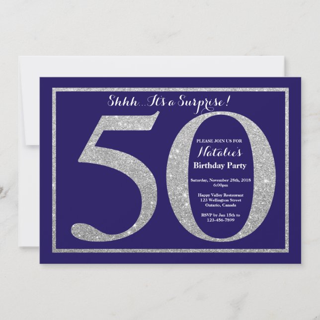 Surprise 50th Birthday Navy Blue Silver Glitter Invitation (Front)
