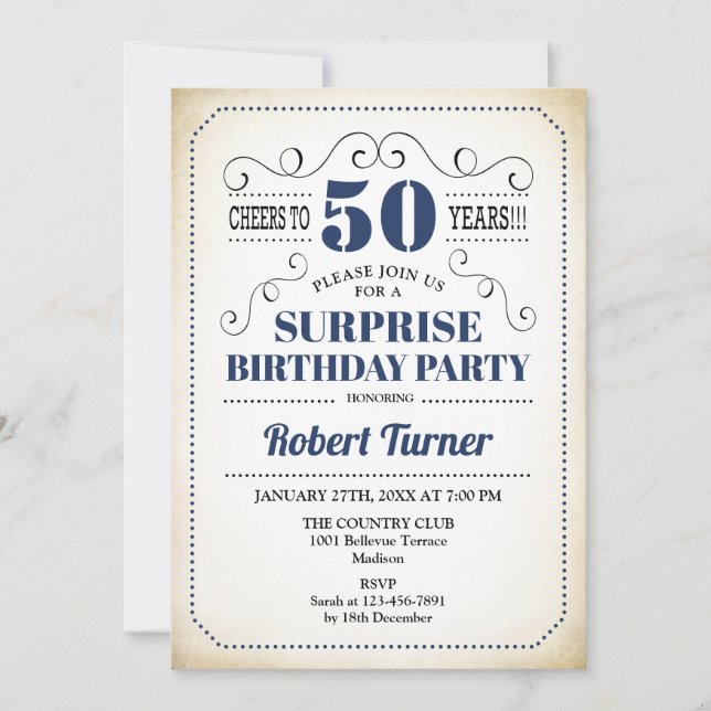 Surprise 50th Birthday - Navy Blue White Black Invitation (Front)