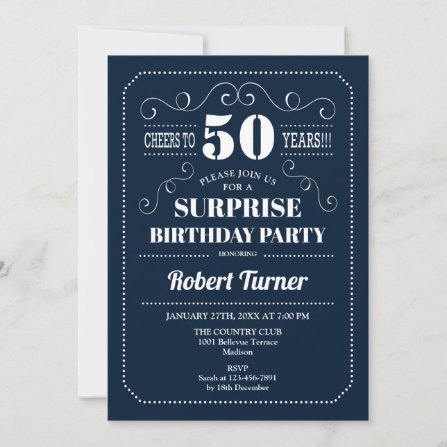 Surprise 50th Birthday - Navy Blue White Invitation (Front)