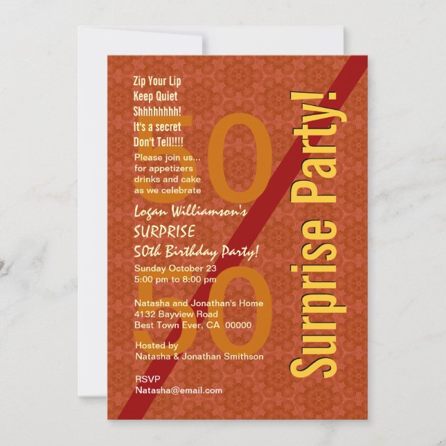 SURPRISE 50th Birthday Orange Gold Gears B322 Invitation (Front)