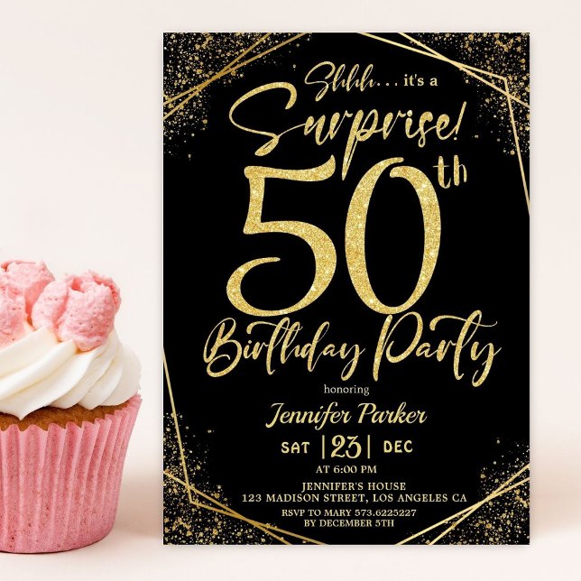 Surprise 50th Birthday Party Black & Gold Glitter Invitation (Creator Uploaded)