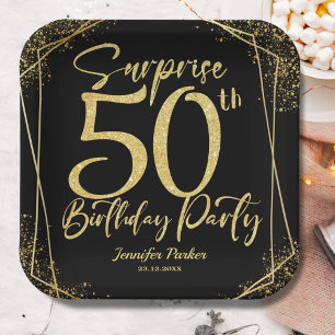 Surprise 50th Birthday Party Black & Gold Glitter Paper Plate