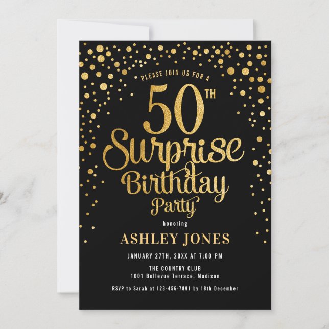 Surprise 50th Birthday Party - Black & Gold Invitation (Front)