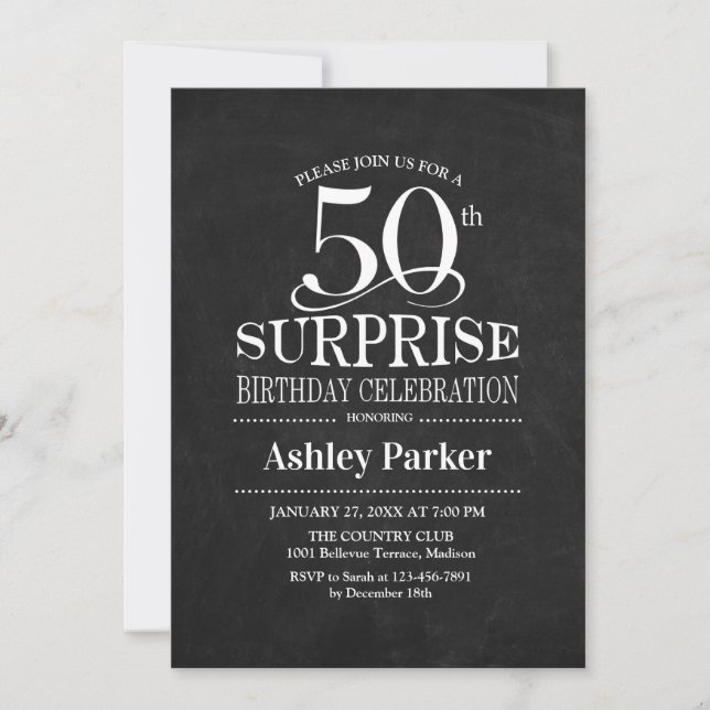Surprise 50th Birthday Party - Black White Invitation (Front)