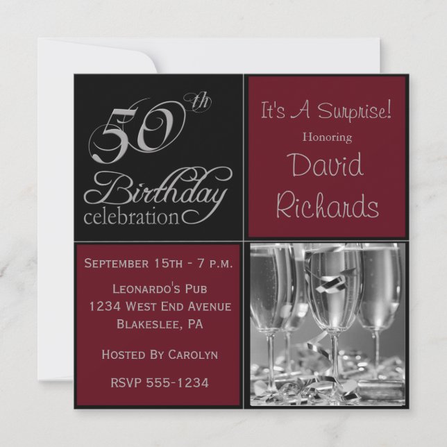 Surprise 50th Birthday Party Burgandy & Silver Invitation (Front)