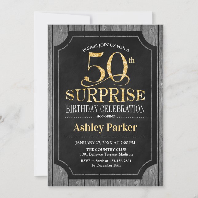 Surprise 50th Birthday Party - Chalkboard Gold Invitation (Front)