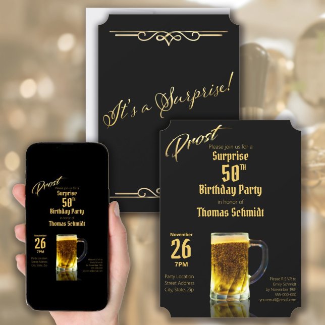 Surprise 50th Birthday Party Elegant Black & Gold  Invitation (Prost! "Cheers!" It's a surprise 50th Birthday Party Invitation)