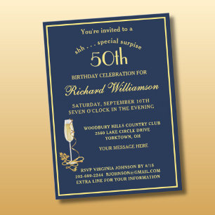 SURPRISE 50th Birthday Party Elegant Blue Gold  Invitation