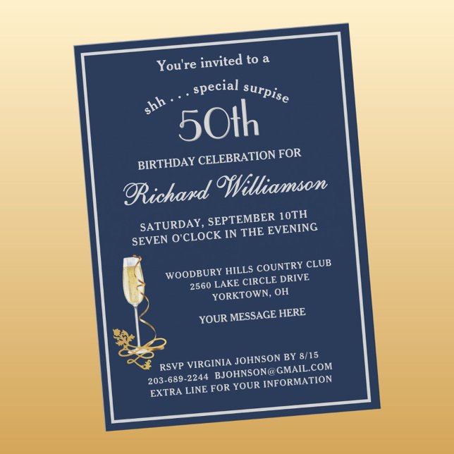 SURPRISE 50th Birthday Party Elegant Blue Silver Invitation (Creator Uploaded)