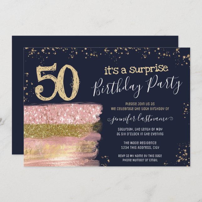 Surprise 50th Birthday Party Glitter Cake Invitation (Front/Back)