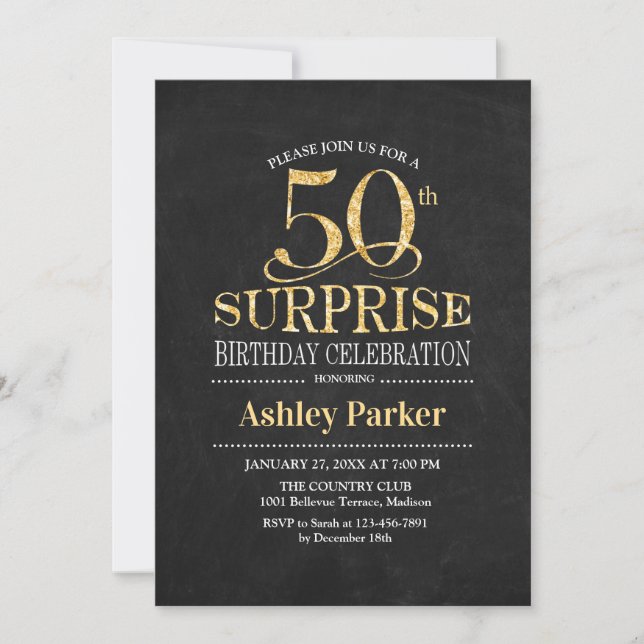 Surprise 50th Birthday Party - Gold Black Invitation (Front)