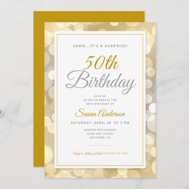 Surprise 50th Birthday Party | Gold Bokeh Invitation (Front/Back)