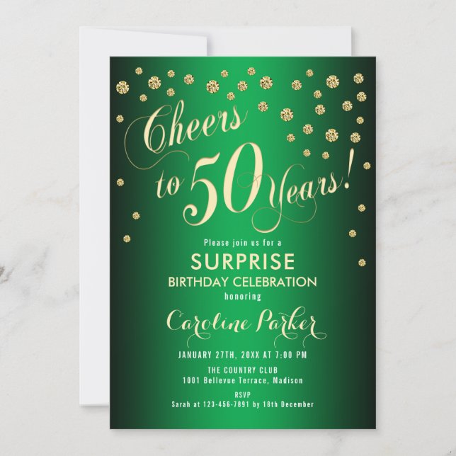 Surprise 50th Birthday Party - Gold Green Invitation (Front)