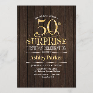 Surprise 50th Birthday Party - Gold Wood Invitation