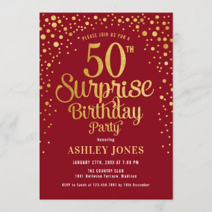 Surprise 50th Birthday Party - Red & Gold Invitation