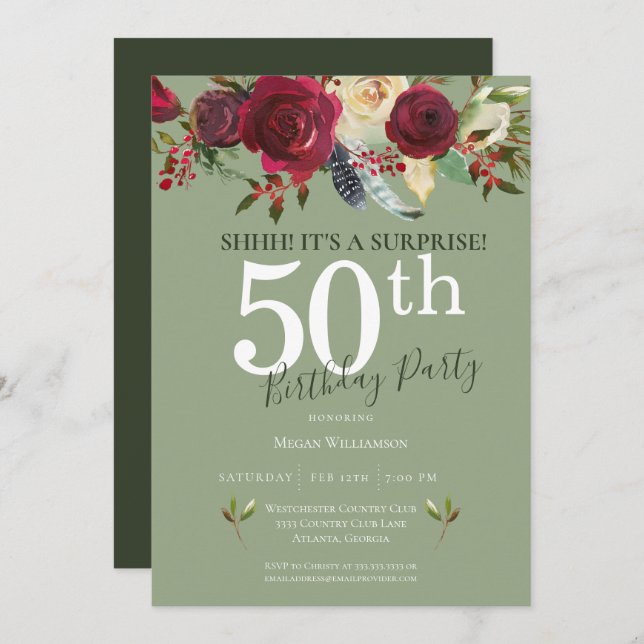 Surprise 50th Birthday Party Red Rose Floral Invitation (Front/Back)