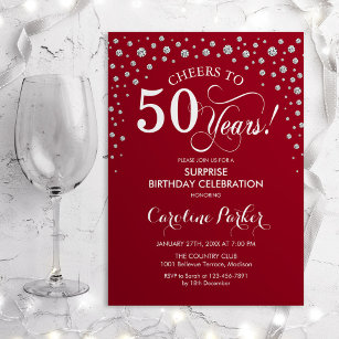 Surprise 50th Birthday Party - Red Silver Invitation