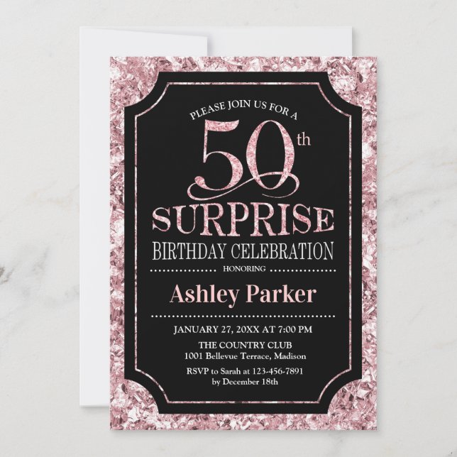Surprise 50th Birthday Party - Rose Gold Black Invitation (Front)