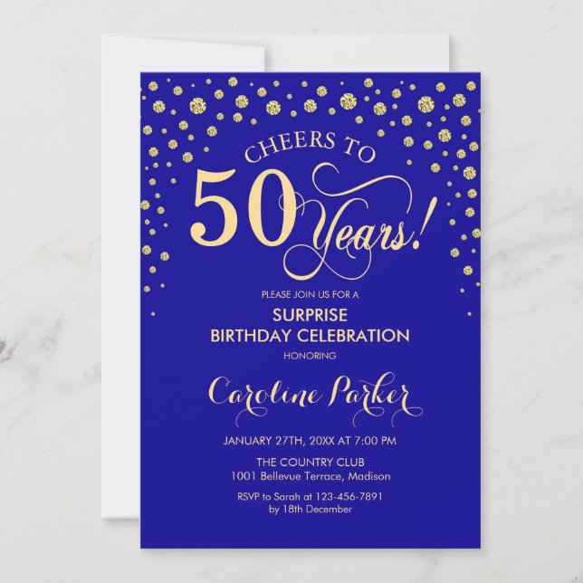 Surprise 50th Birthday Party - Royal Blue Gold Invitation (Front)