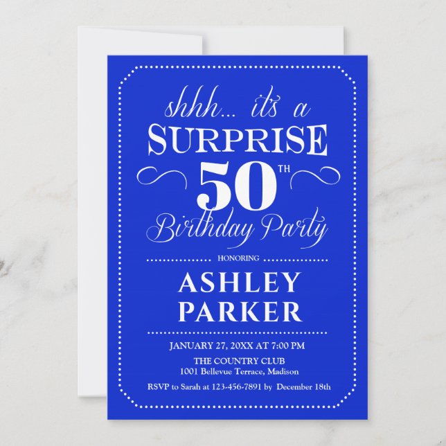 Surprise 50th Birthday Party - Royal Blue White Invitation (Front)