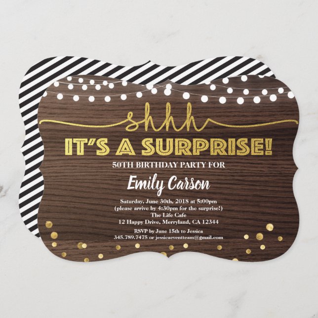 Surprise 50th birthday party rustic wood gold invitation (Front/Back)