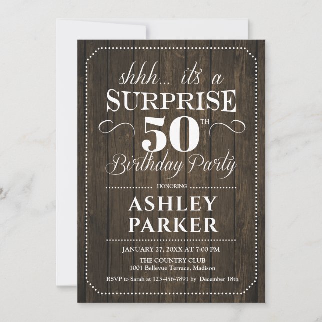 Surprise 50th Birthday Party - Rustic Wood Invitation (Front)