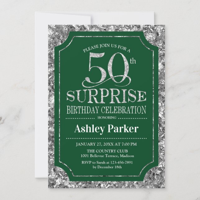 Surprise 50th Birthday Party - Silver Green Invitation (Front)