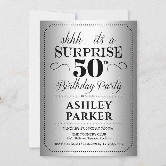 Surprise 50th Birthday Party - Silver Invitation (Front)