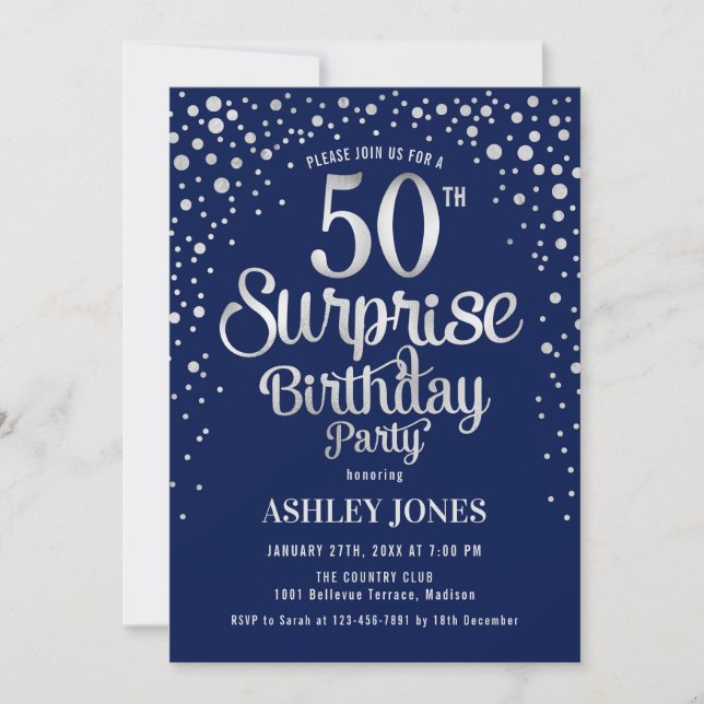 Surprise 50th Birthday Party - Silver & Navy Blue Invitation (Front)
