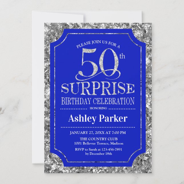 Surprise 50th Birthday Party - Silver  Royal Blue Invitation (Front)