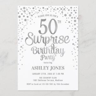 Surprise 50th Birthday Party - Silver & White Invitation