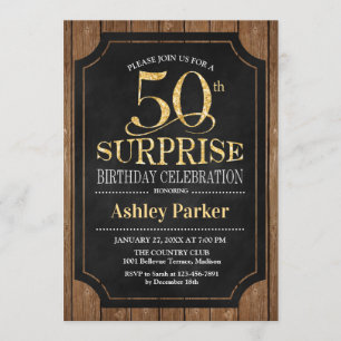 Surprise 50th Birthday Party - Wood Gold Invitation
