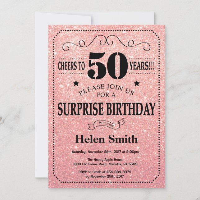 Surprise 50th Birthday Pink Rose Gold Glitter Invitation (Front)